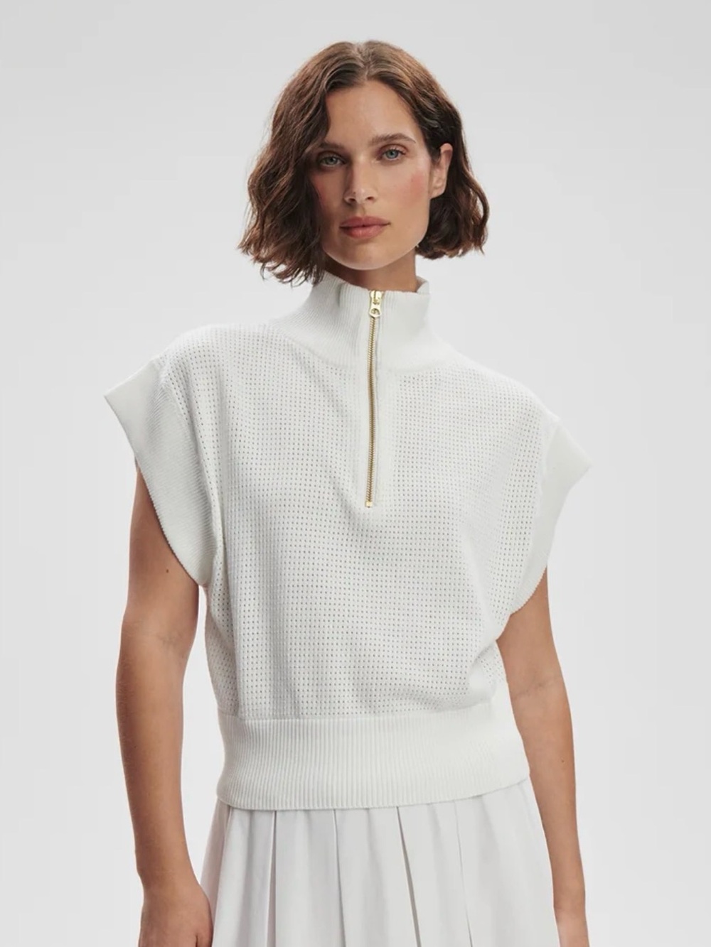 Varley Fulton Cropped White Zip-Neck Knit Sweater- XL